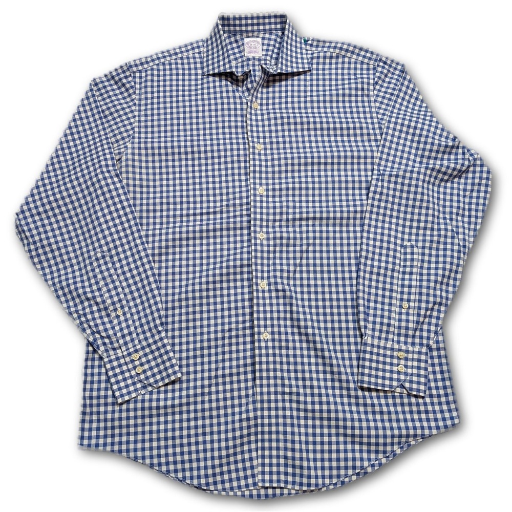 Brooks Brothers Mens 16-36 Button Down Shirt Blue Gingham Supima Cotton Non-Iron